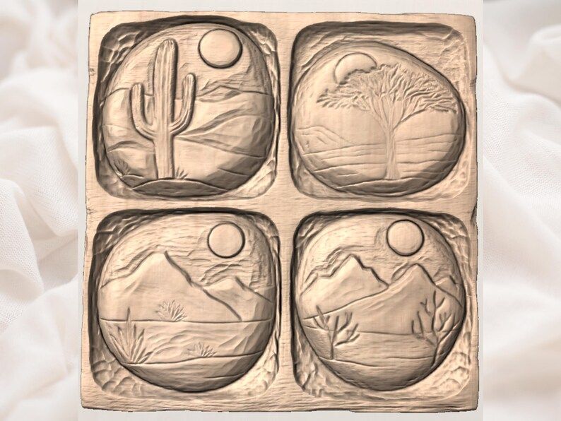Southwest Desert Four-Panel Relief: Saguaro, Tree, Mountains bas-relief STL — view 3