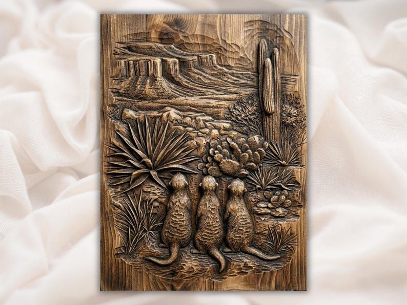 Carved wood relief of three meerkats sitting before a desert scene with saguaro cactus, prickly pear, and canyon mesas