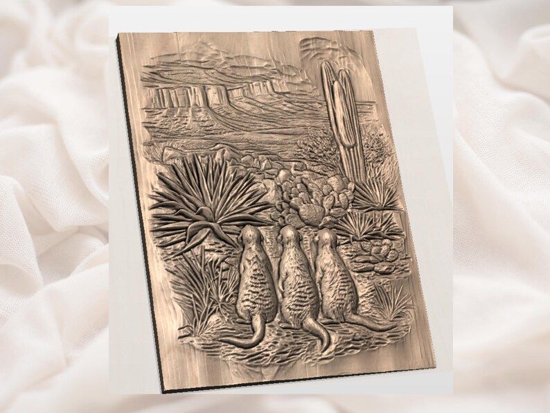 Three Desert Meerkats Bas-Relief STL with Cactus and Canyon Scene bas-relief STL — view 2