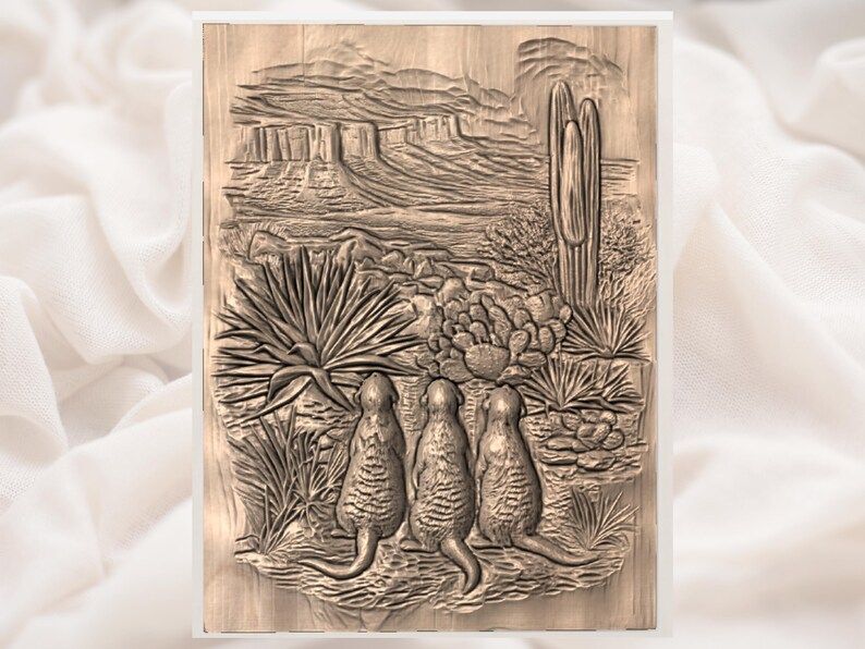 Three Desert Meerkats Bas-Relief STL with Cactus and Canyon Scene bas-relief STL — view 3