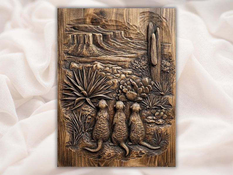 Three Desert Meerkats Bas-Relief STL with Cactus and Canyon Scene bas-relief STL design