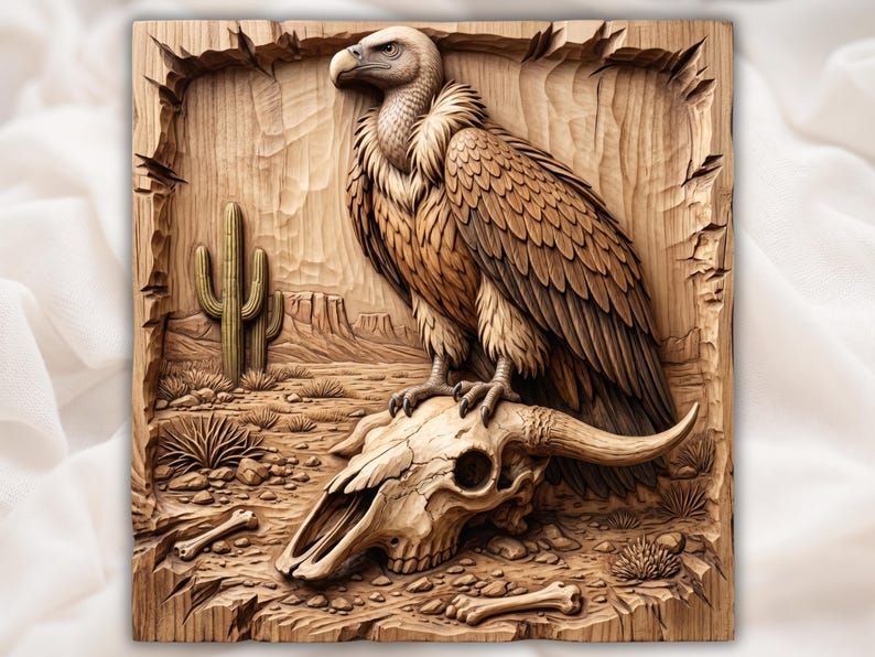 Bas-relief carving of a vulture perched on a longhorn cow skull with desert cactus, bones, and canyon rocks