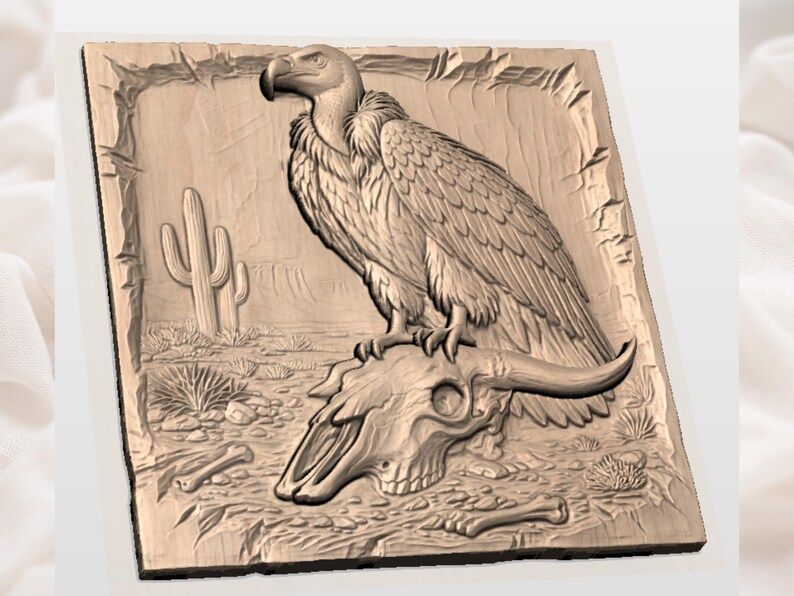 Vulture on Longhorn Skull Desert Bas-Relief STL Carving bas-relief STL — view 2