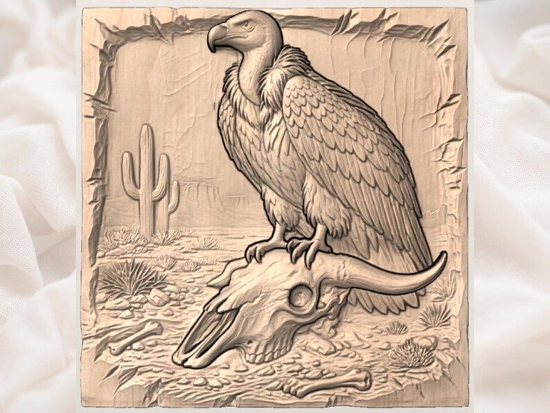 Vulture on Longhorn Skull Desert Bas-Relief STL Carving bas-relief STL — view 3