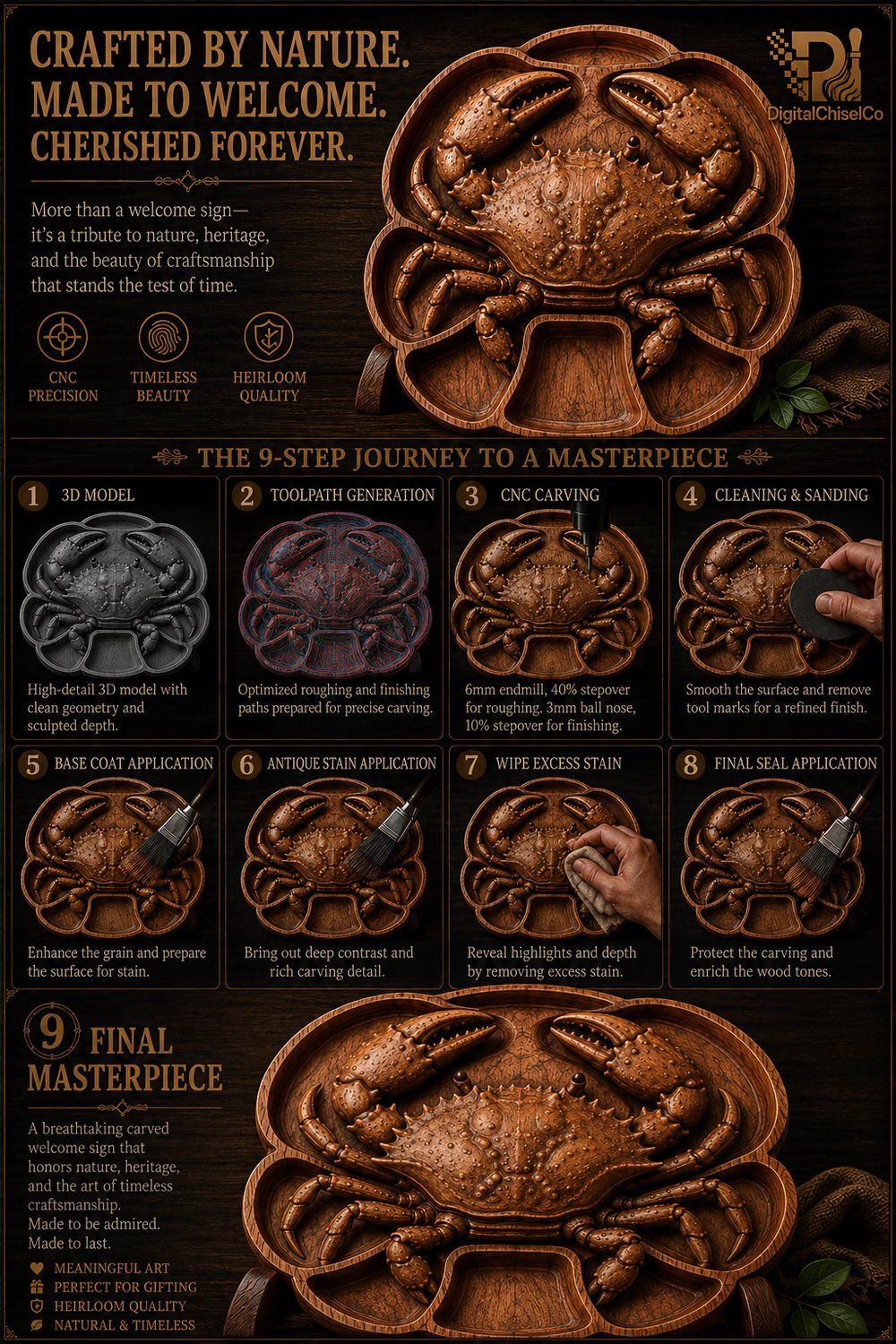 Detailed Crab Serving Tray Wood Carving Design bas-relief STL — view 10