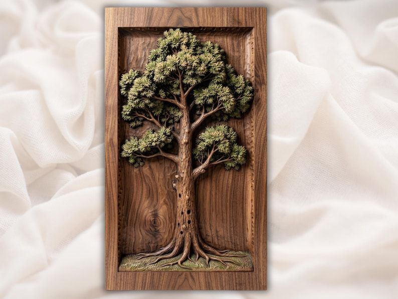 Carved bas-relief of a full oak tree with layered leaves, bark, and roots inside a walnut frame panel