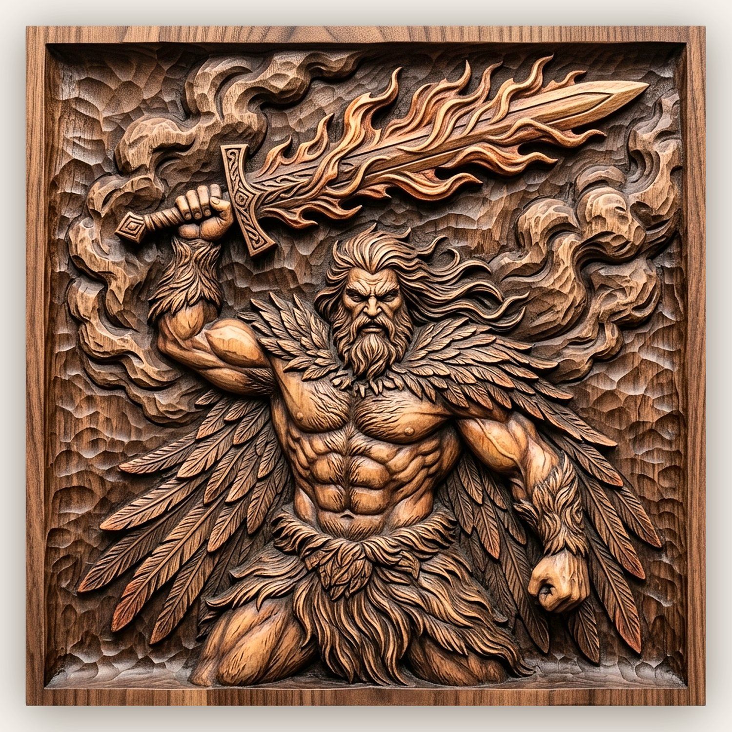 Divine Winged Warrior Flaming Sword CNC Relief STL | Mythical Barbarian Hero Wall Art | Intricate Guardian Relief Panel for Woodworking — carved bas relief STL file for CNC