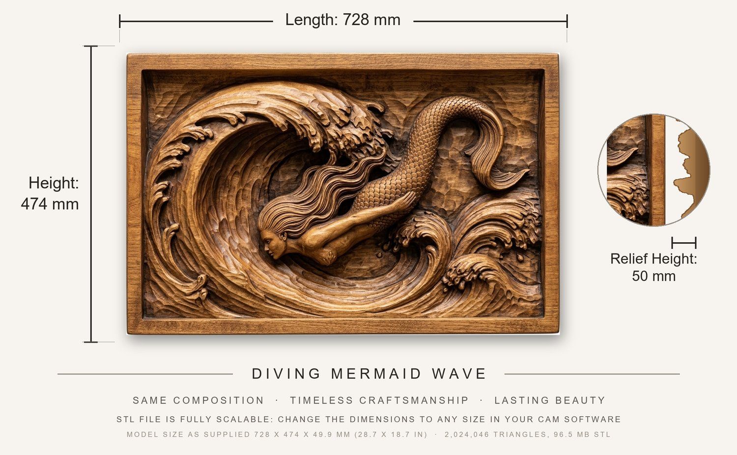 Diving Mermaid Wave CNC Relief STL bas-relief STL — view 3