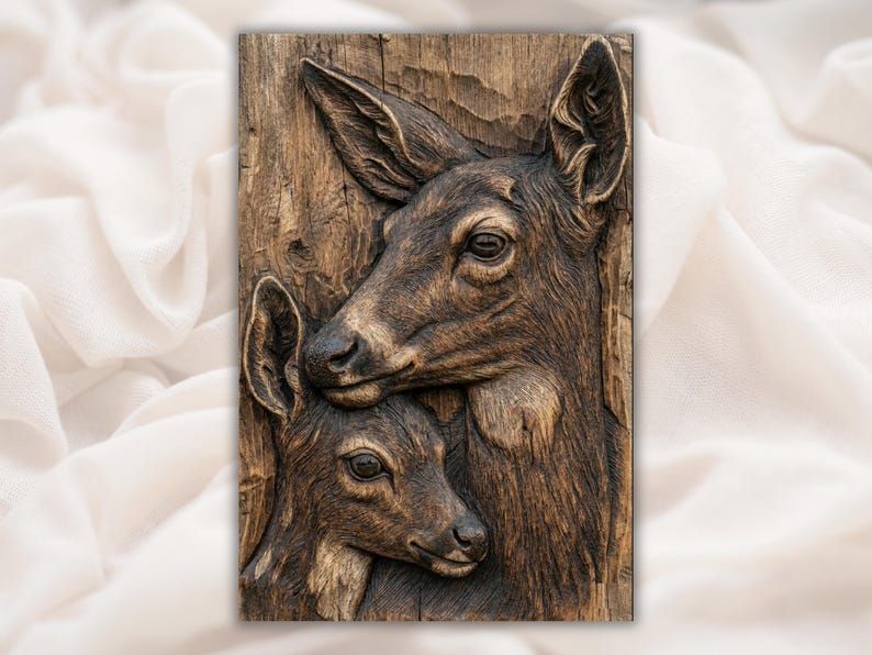 Bas-relief wood carving of a mother deer nuzzling her fawn against a rustic wood-grain background.