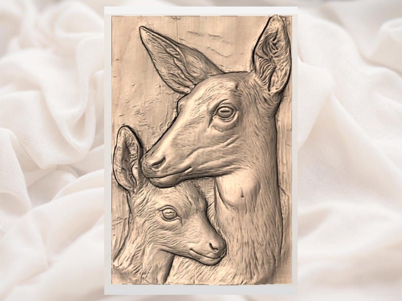 Doe and Fawn Nuzzling Deer Bas-Relief STL Carving File bas-relief STL — view 3
