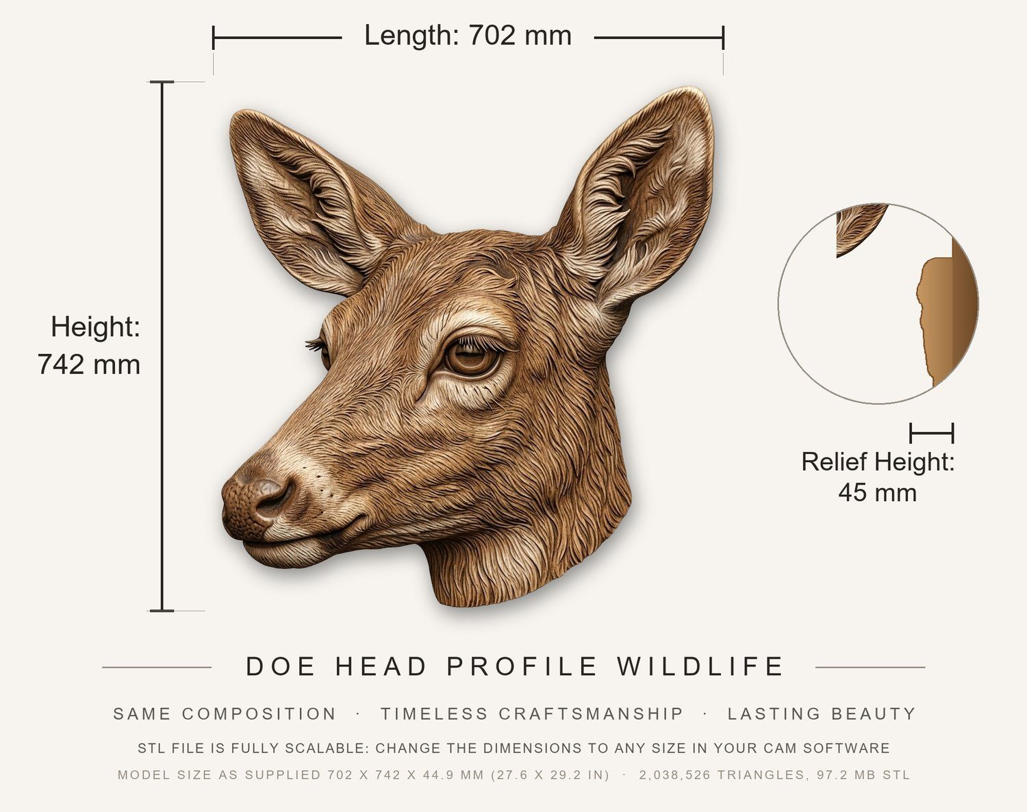 Doe Head Profile Wildlife CNC Relief STL bas-relief STL — view 3