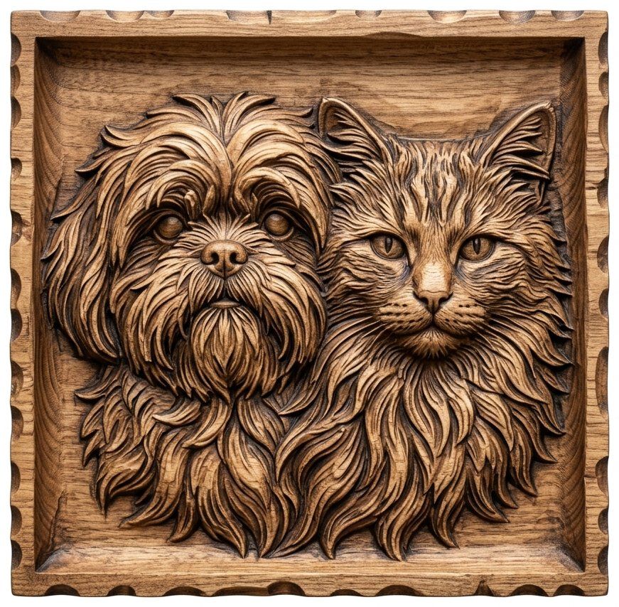 Dog and Cat Best Friends CNC Relief STL | Pet Lovers Wood Carving Panel | Animal Bas Relief Decor — carved bas relief STL file for CNC