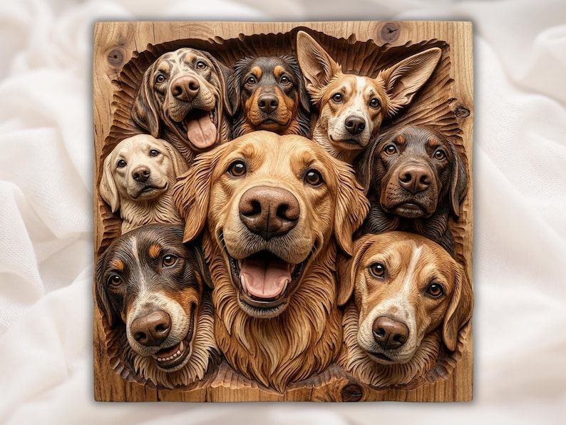 Carved wood bas-relief of eight dog faces grouped together, a happy golden retriever in the center.