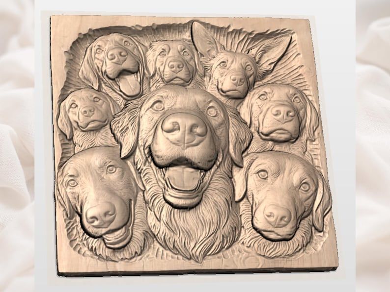 Pack of Eight Dogs Group Portrait Bas-Relief STL bas-relief STL — view 2