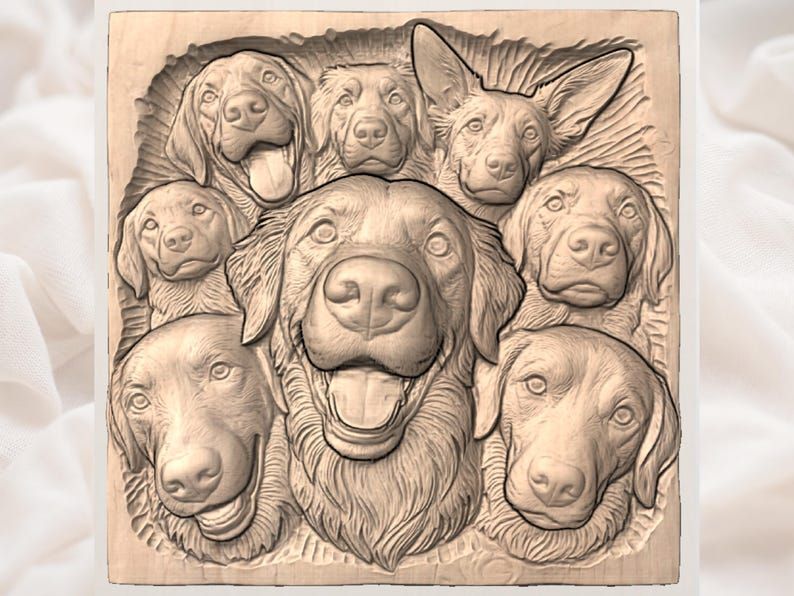 Pack of Eight Dogs Group Portrait Bas-Relief STL bas-relief STL — view 3