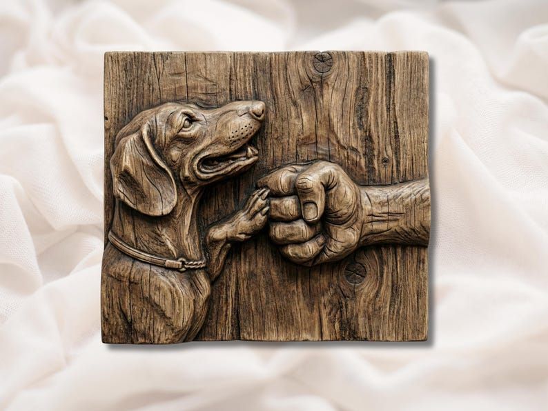 Carved wood relief of a dachshund placing its paw against a closed human fist in a greeting