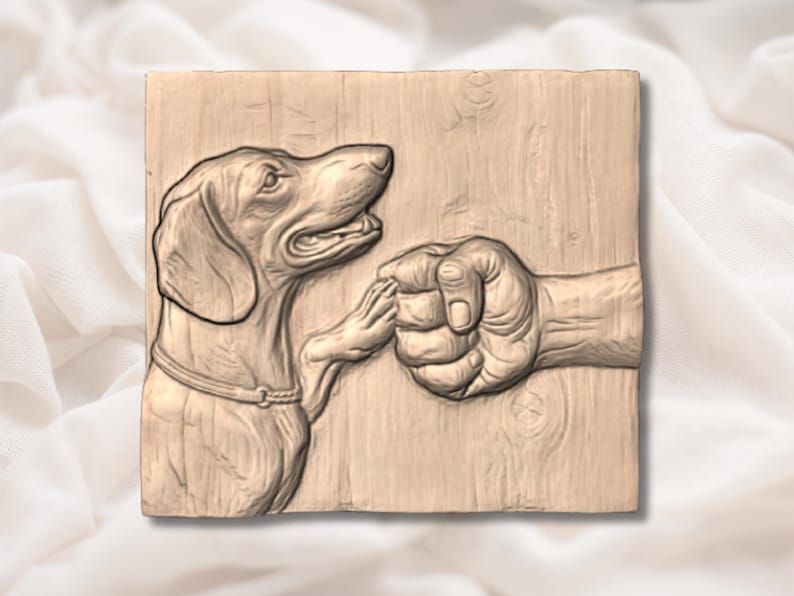 Dachshund and Human Fist Bump Bas-Relief STL Carving bas-relief STL — view 2