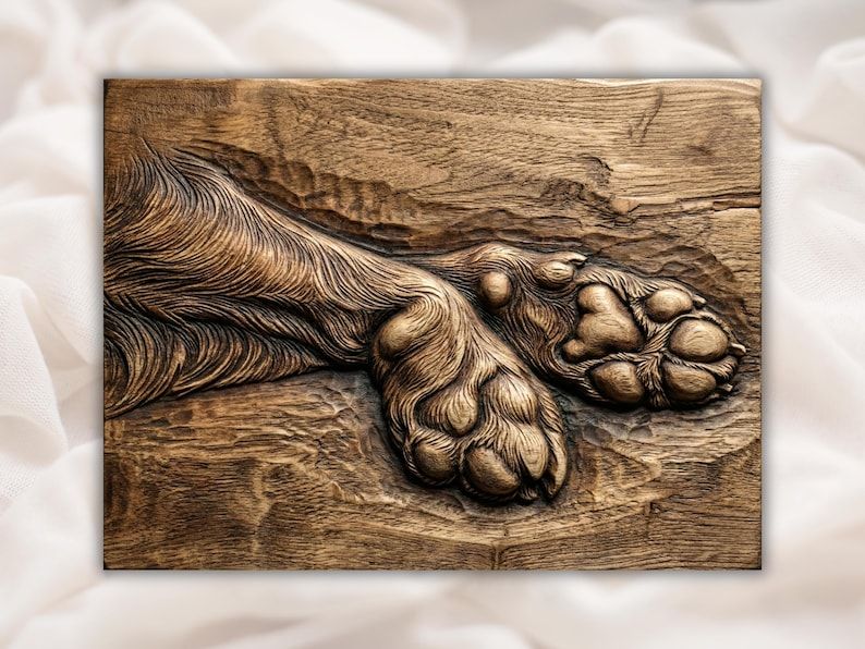 Carved wood bas-relief of two resting dog paws with flowing fur and detailed toe pads