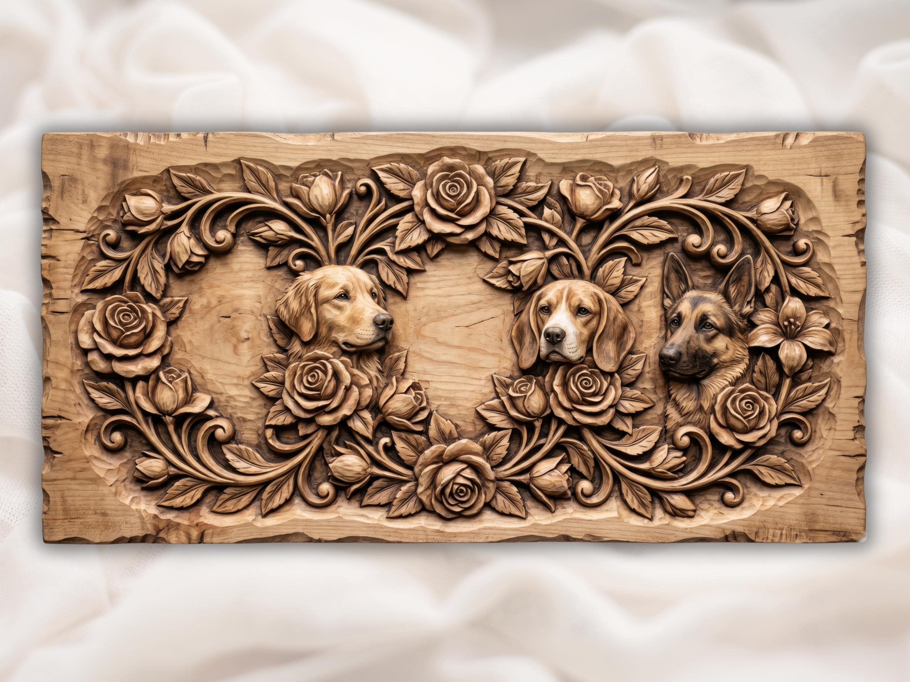 Bas-relief wood carving of a golden retriever and a beagle framed by roses and leaves around a blank center