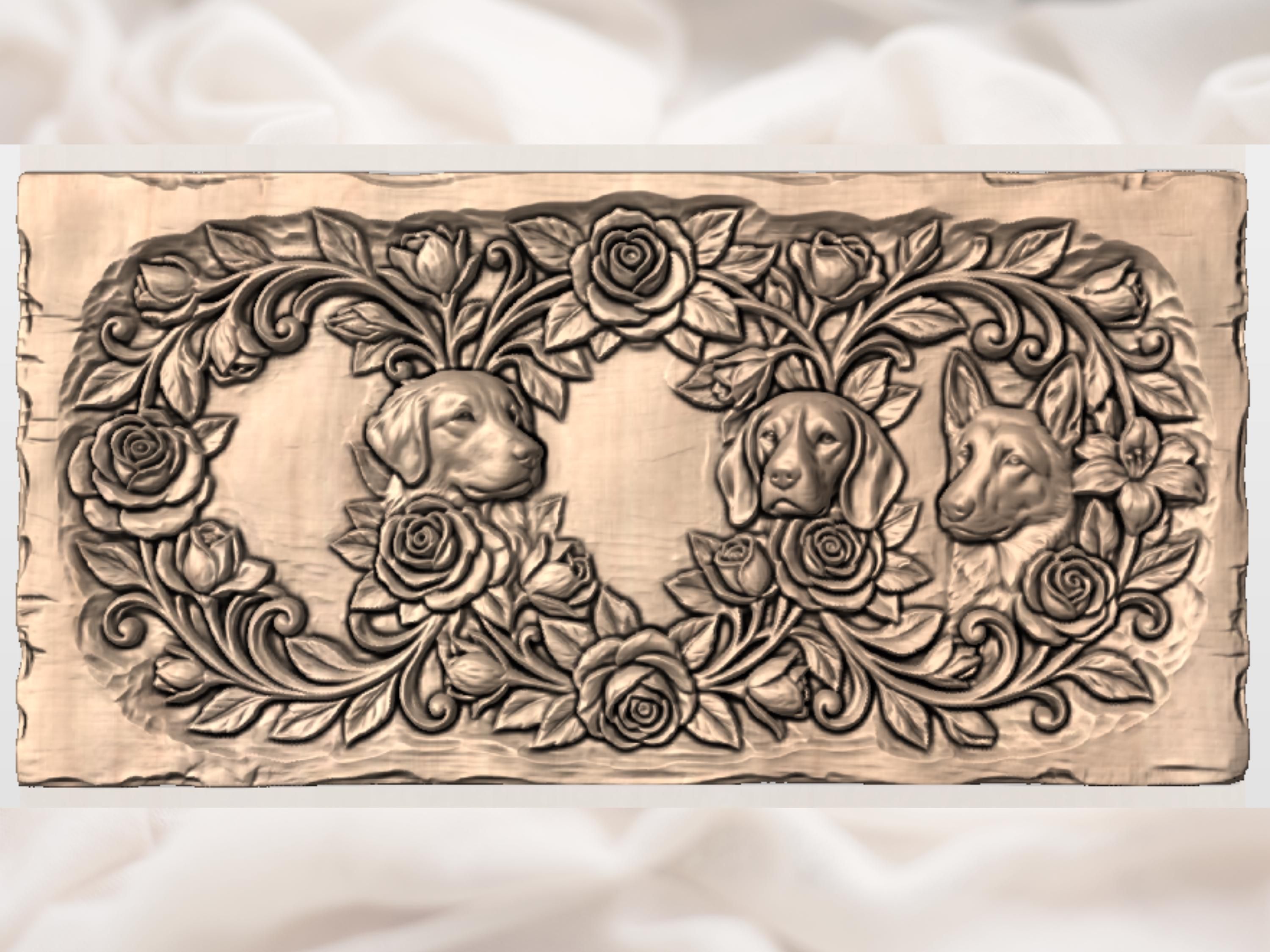 Two Dogs and Roses Bas-Relief Wall Panel STL bas-relief STL — view 3