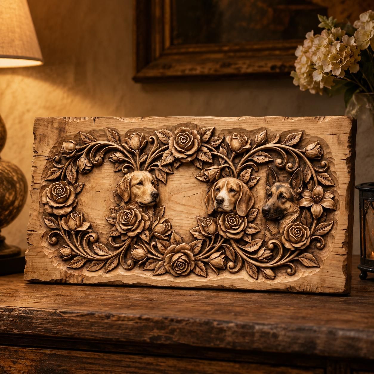 Two Dogs and Roses Bas-Relief Wall Panel STL bas-relief STL — view 4