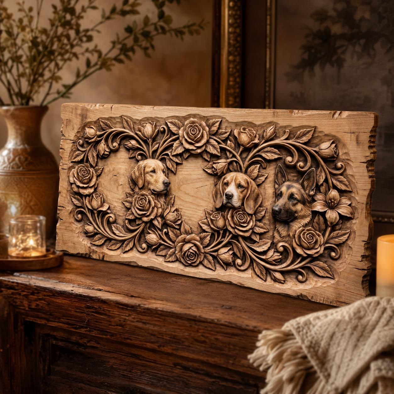 Two Dogs and Roses Bas-Relief Wall Panel STL bas-relief STL — view 5