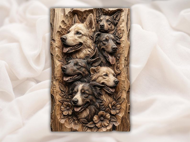 Bas-relief wood carving of six dog faces layered together with wildflowers along the bottom edge