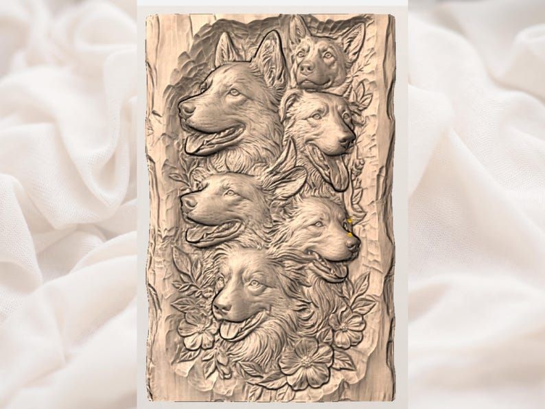 Six Dog Faces Bas-Relief STL with Wildflowers for CNC Carving bas-relief STL — view 2