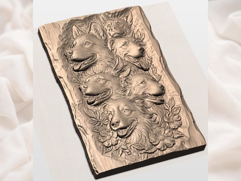 Six Dog Faces Bas-Relief STL with Wildflowers for CNC Carving bas-relief STL — view 3