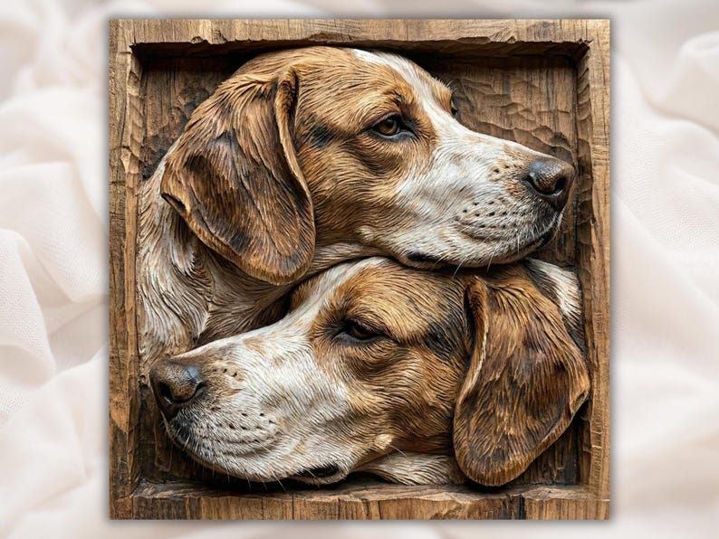 Bas-relief wood carving of two beagle dogs resting their heads together inside a square frame.