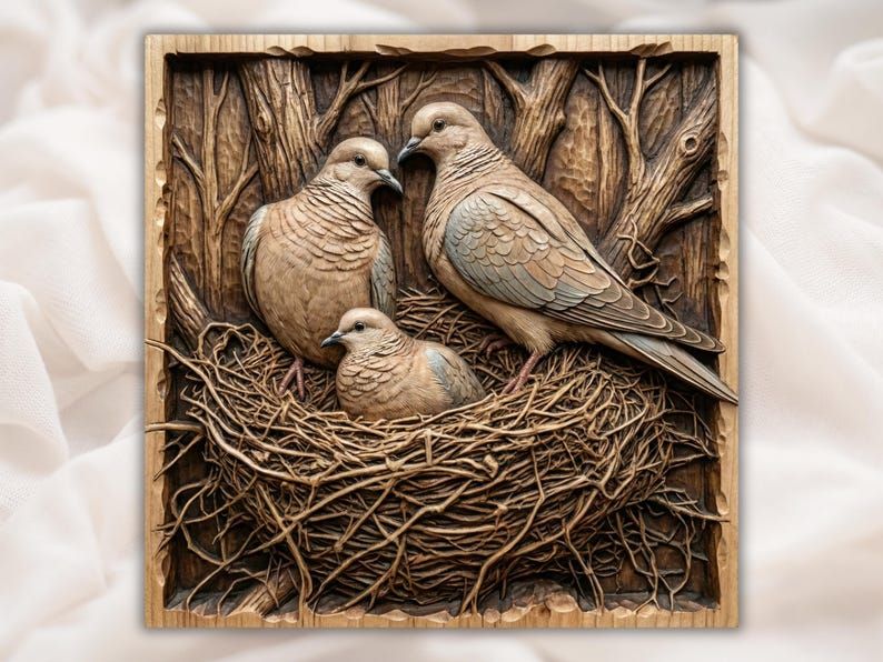 Bas-relief carving of two doves and a chick in a woven nest among bare branches in a wood panel