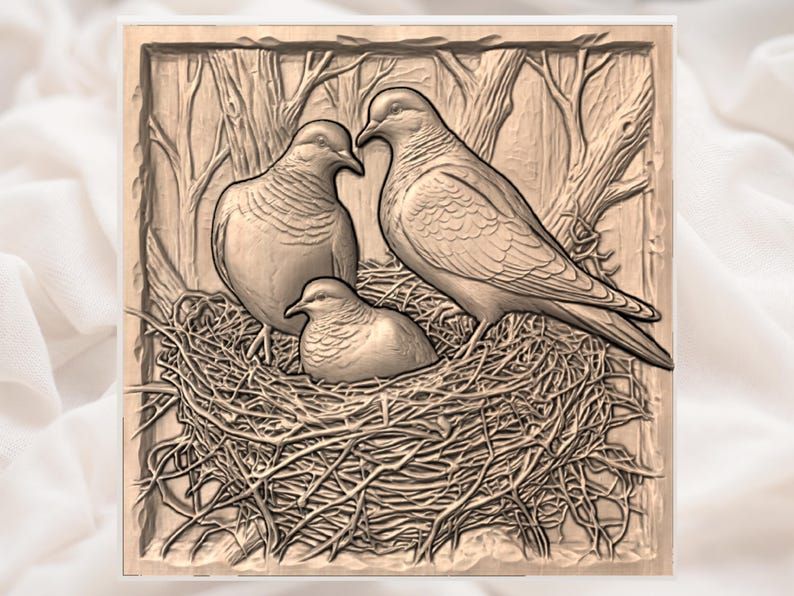 Dove Family in Woven Nest Bas-Relief STL Carving Model bas-relief STL — view 2