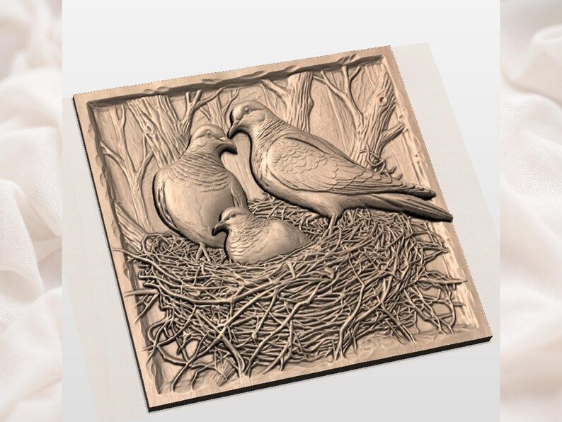 Dove Family in Woven Nest Bas-Relief STL Carving Model bas-relief STL — view 3
