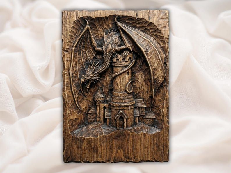 Carved wood relief of a winged dragon perched above a small cliffside castle with turrets and timbered roofs