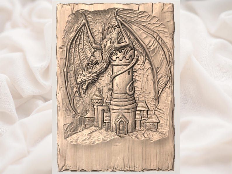 Winged Dragon Guarding a Cliffside Castle 3D Relief STL bas-relief STL — view 2