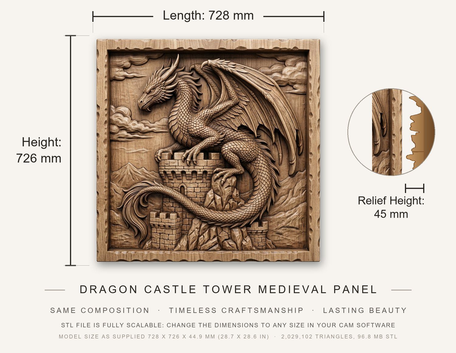 Dragon Castle Tower Medieval Panel CNC Relief STL bas-relief STL — view 3