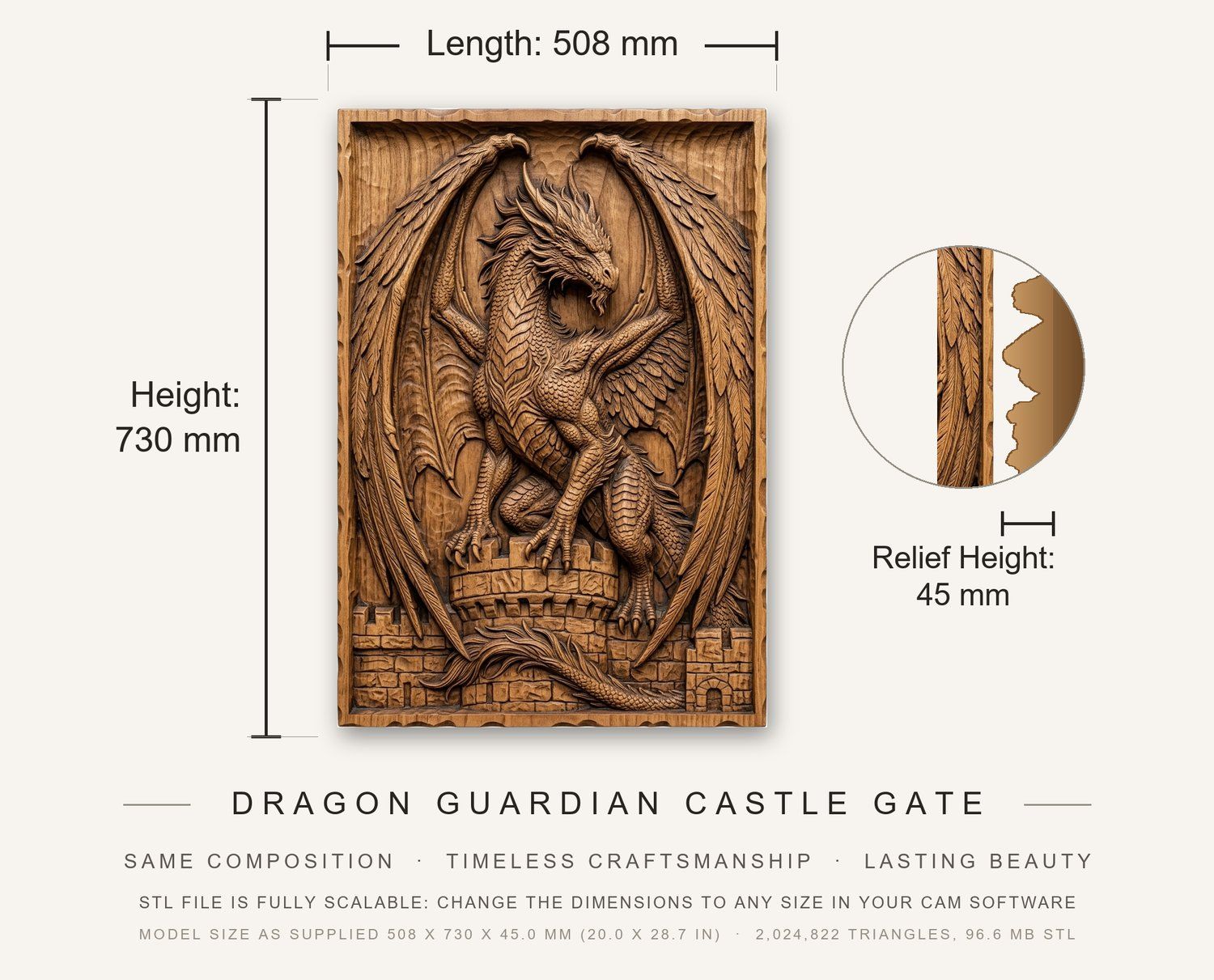 Dragon Guardian Castle Gate CNC Relief STL bas-relief STL — view 3