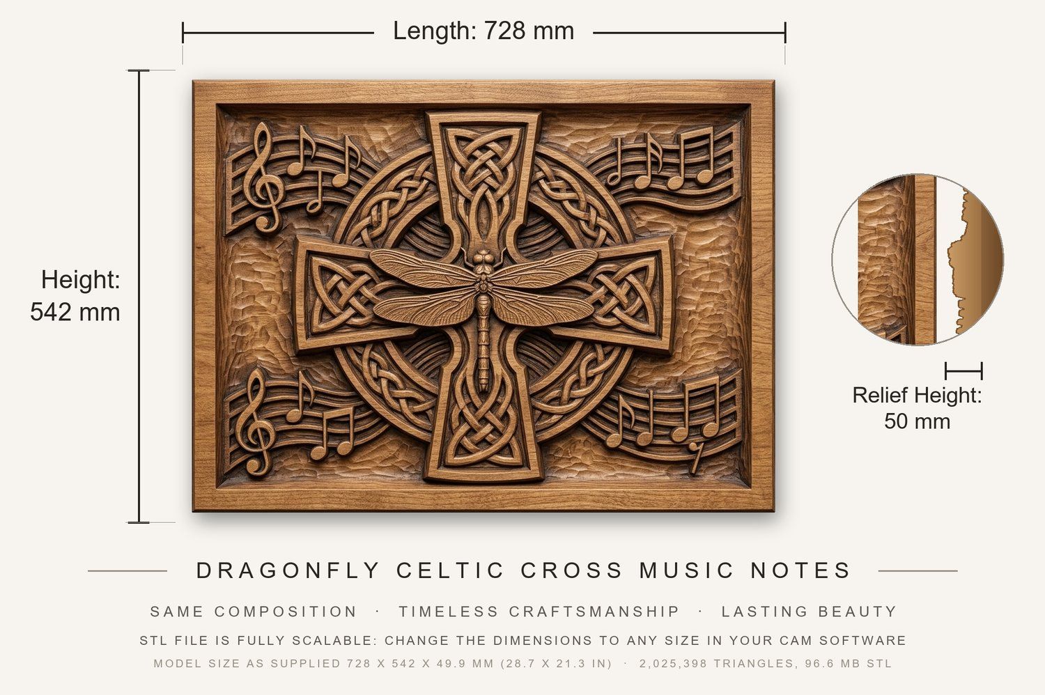 Dragonfly Celtic Cross Music Notes CNC Relief STL bas-relief STL — view 3