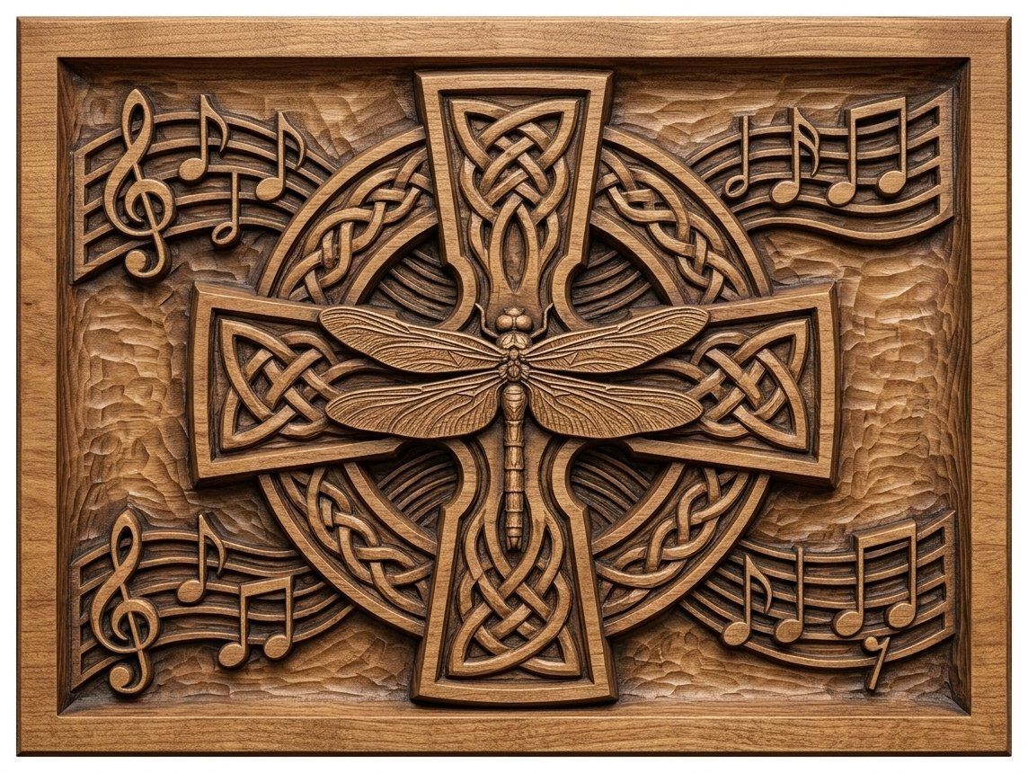 Dragonfly Celtic Cross Music Notes CNC Relief STL bas-relief STL — view 4