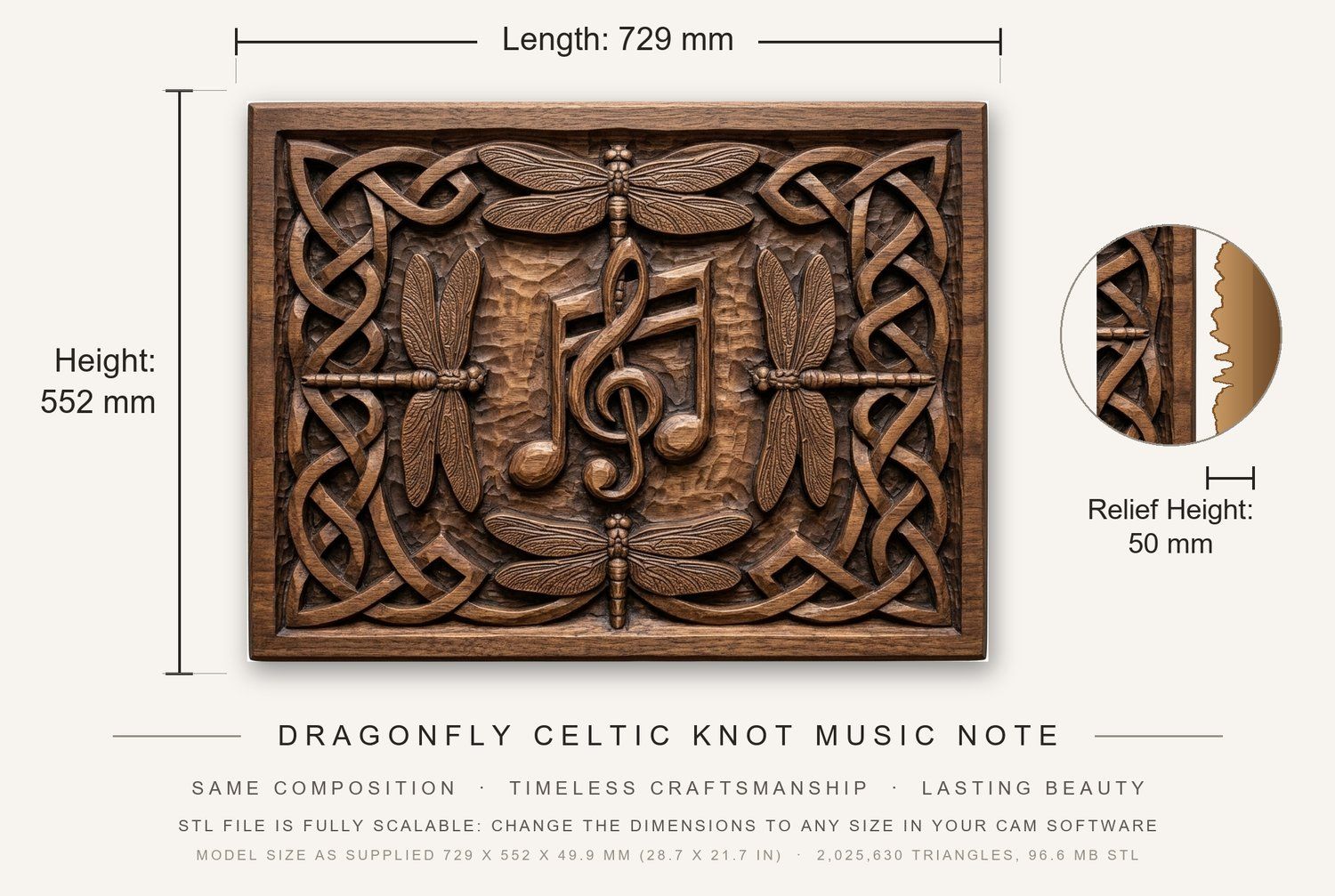Dragonfly Celtic Knot Music Note CNC Relief STL bas-relief STL — view 3