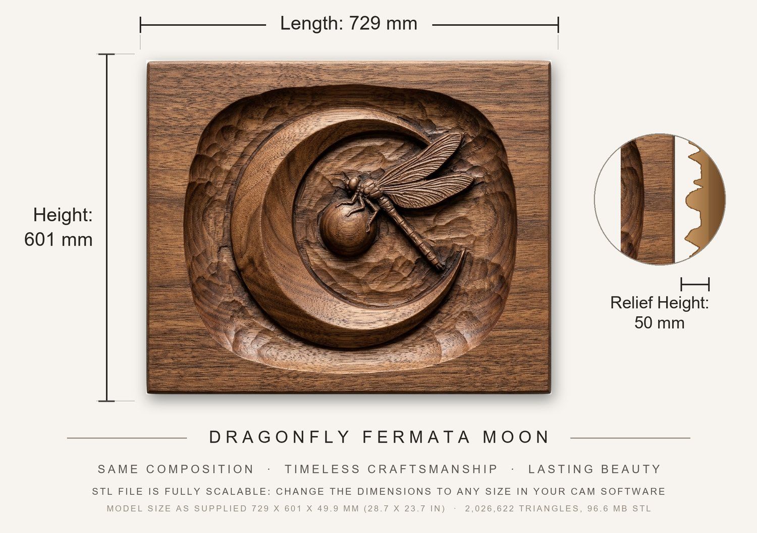 Dragonfly Fermata Moon CNC Relief STL bas-relief STL — view 3
