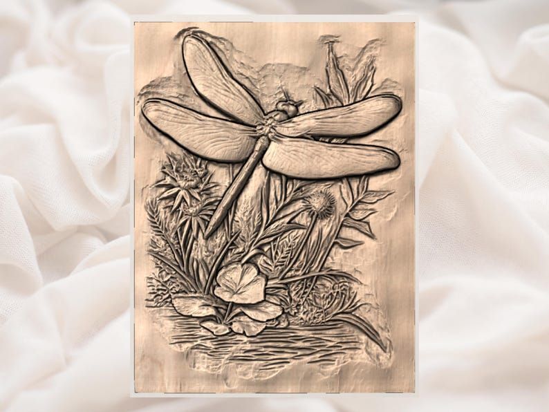 Dragonfly Over Wildflowers Bas-Relief STL Carving File bas-relief STL — view 2