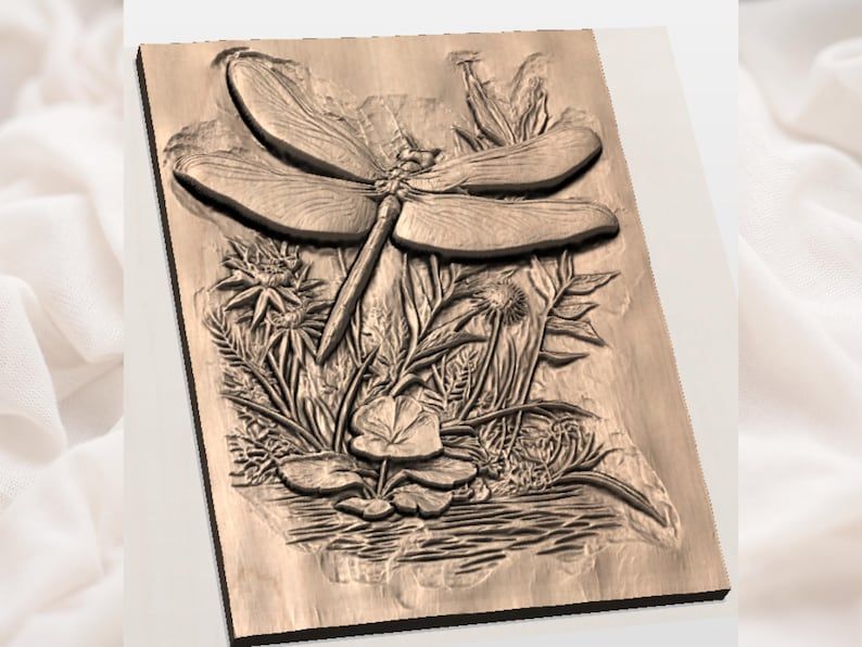 Dragonfly Over Wildflowers Bas-Relief STL Carving File bas-relief STL — view 3