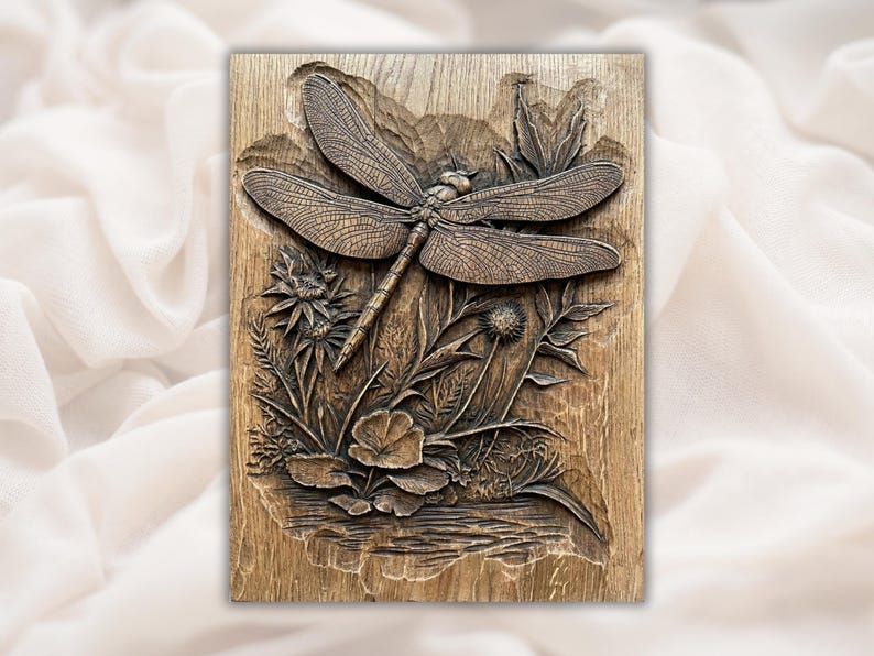 Dragonfly Over Wildflowers Bas-Relief STL Carving File bas-relief STL design