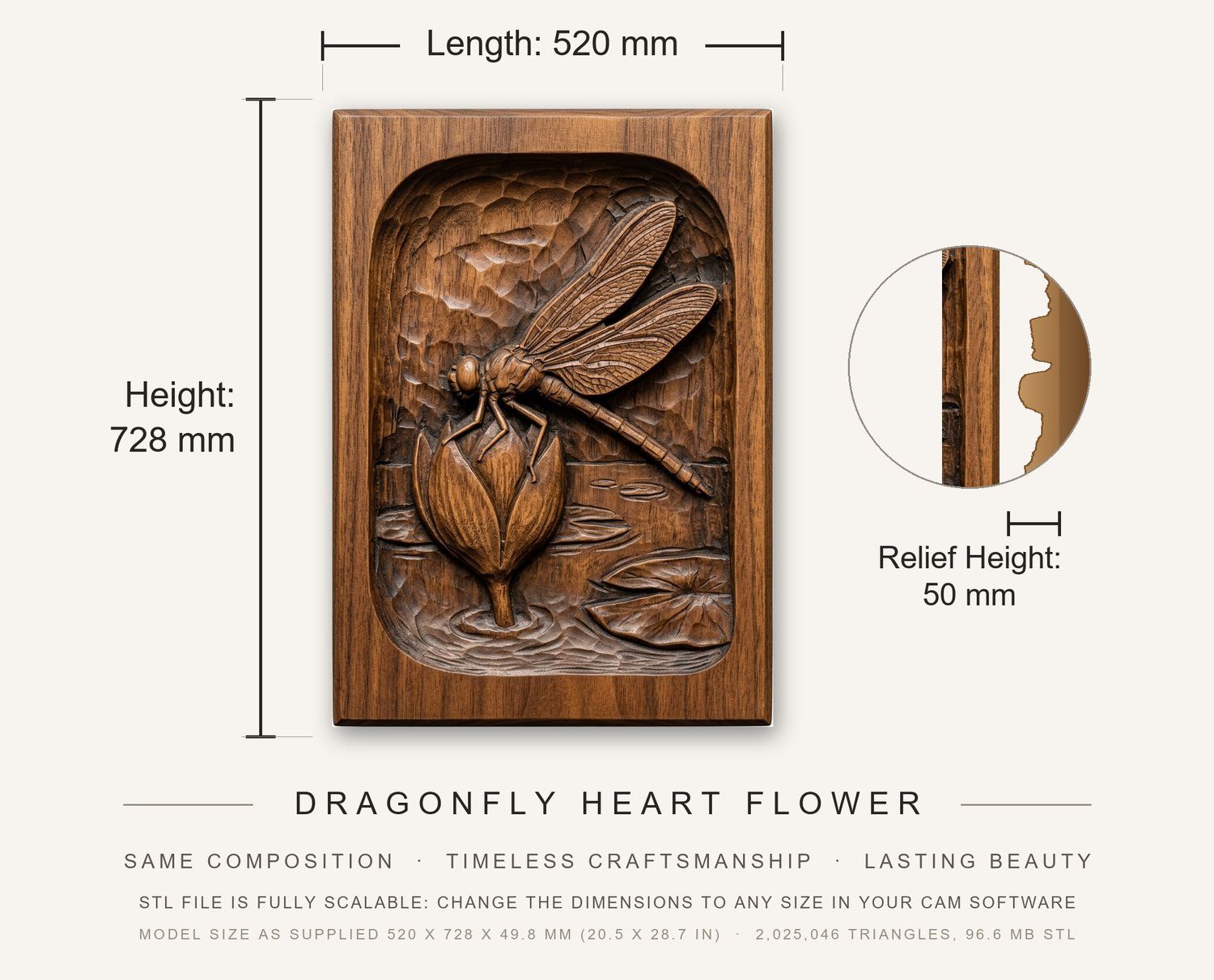 Dragonfly Heart Flower CNC Relief STL bas-relief STL — view 3