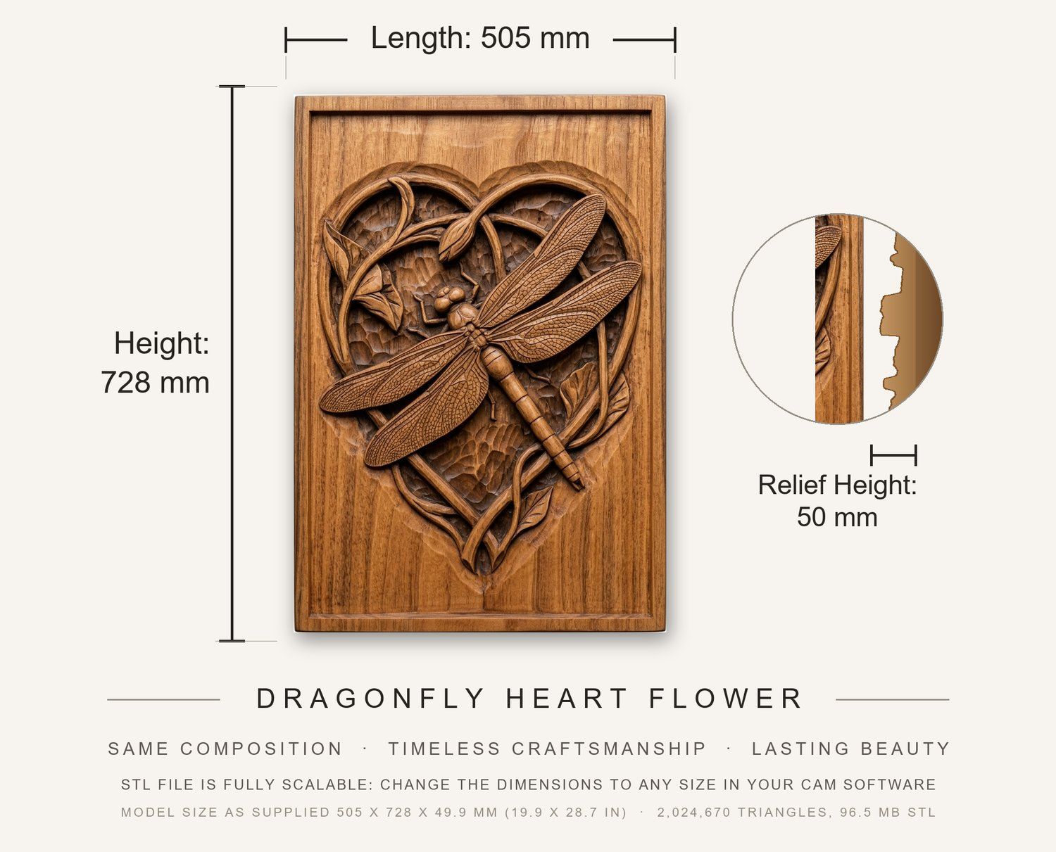 Dragonfly Heart Flower CNC Relief STL bas-relief STL — view 3