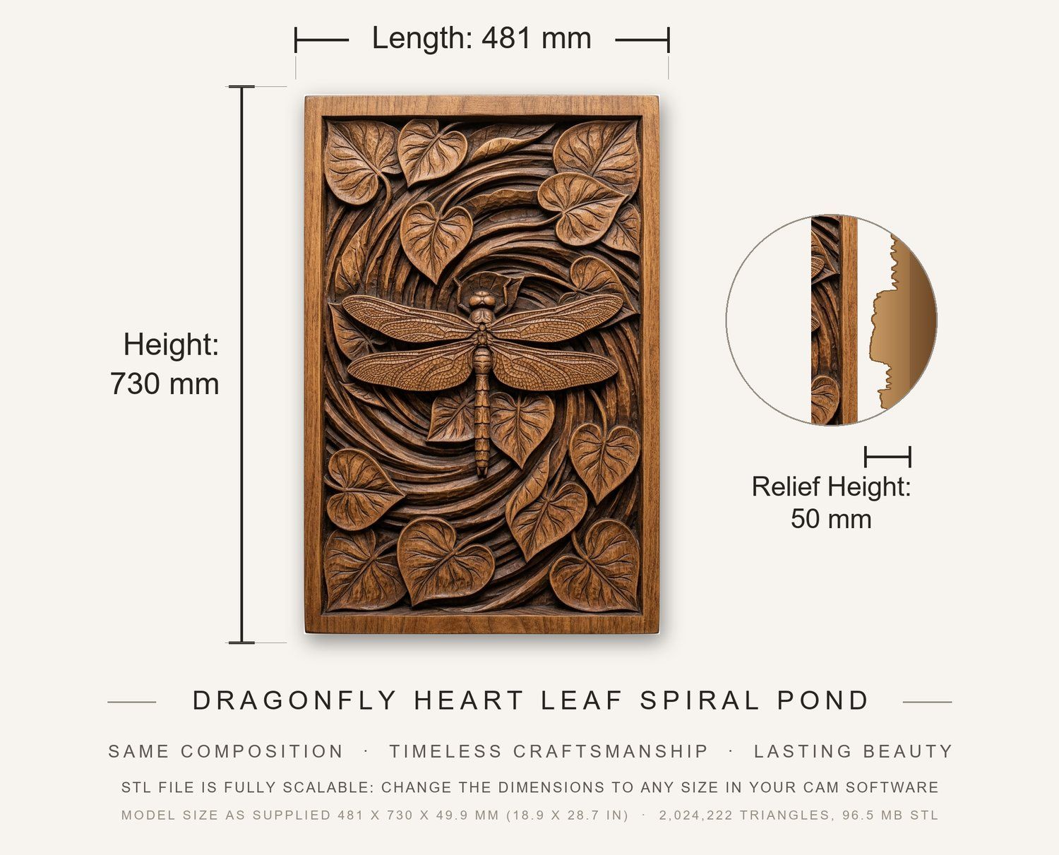 Dragonfly Heart Leaf Spiral Pond CNC Relief STL bas-relief STL — view 3