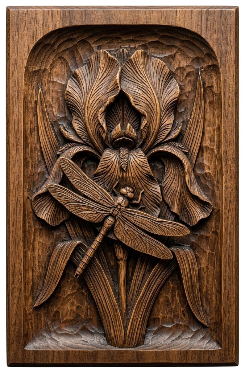 Dragonfly Iris Flower Pond Scene CNC Relief STL bas-relief STL — view 4