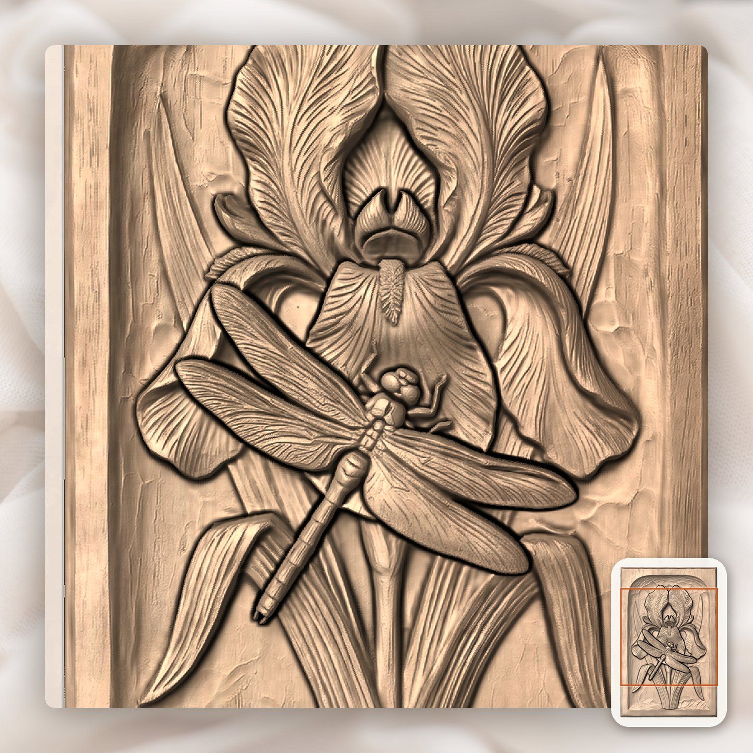 Dragonfly Iris Flower Pond Scene CNC Relief STL bas-relief STL — view 7