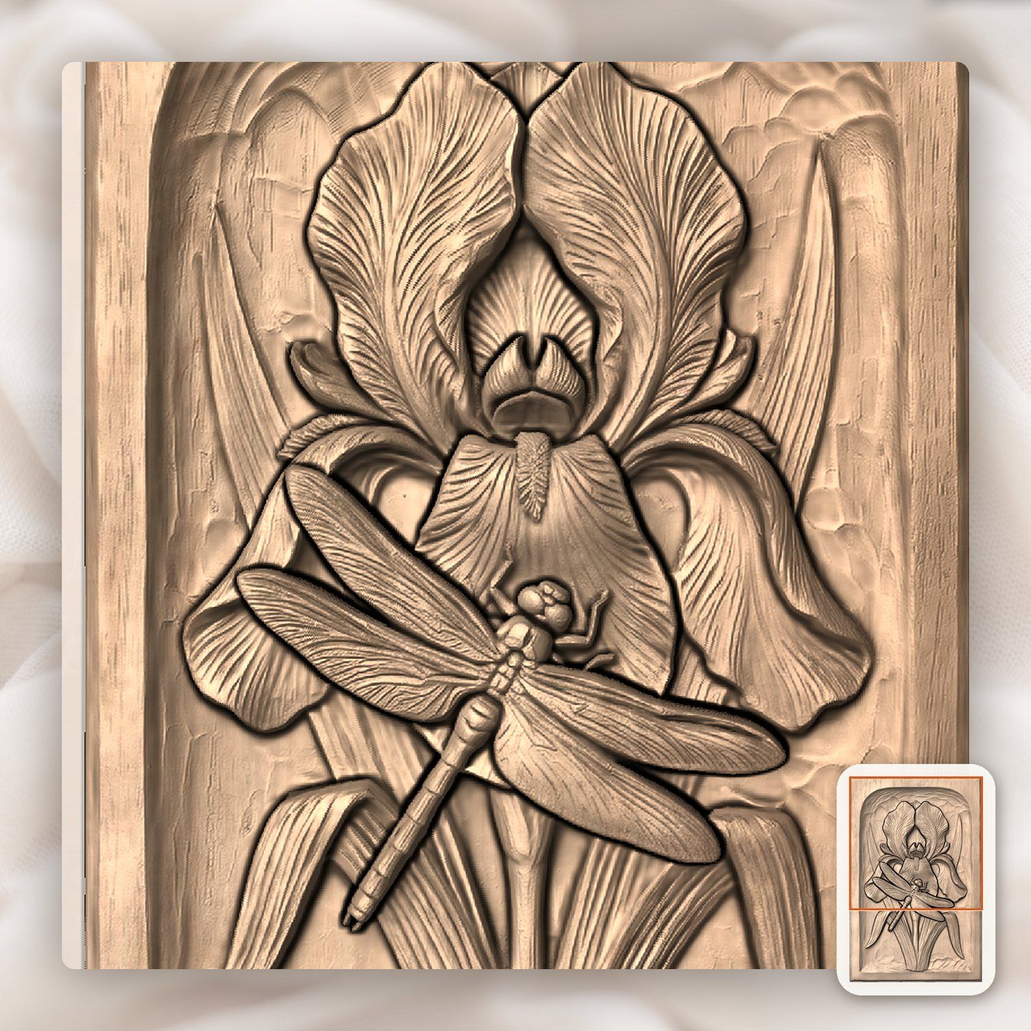 Dragonfly Iris Flower Pond Scene CNC Relief STL bas-relief STL — view 9